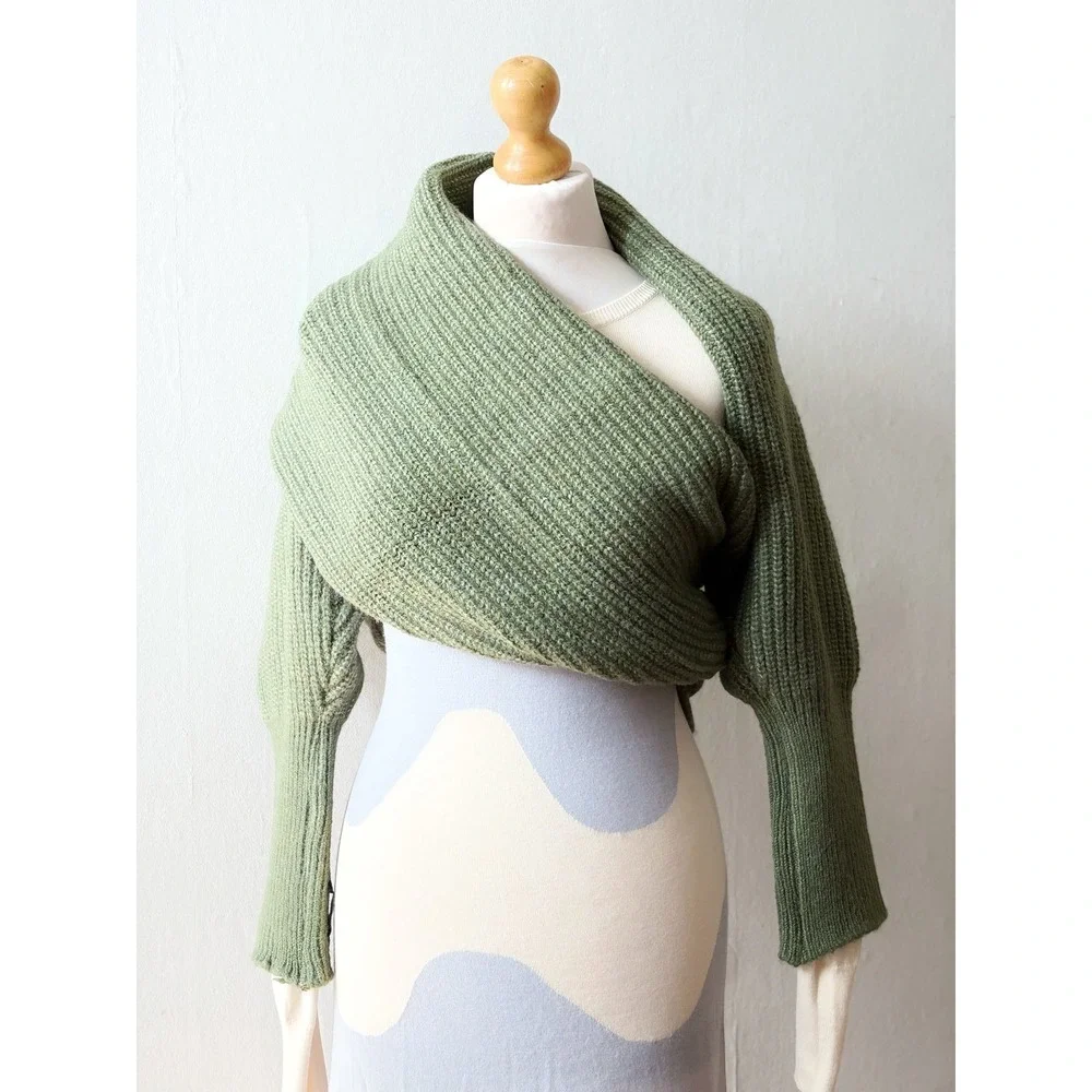 Freya Harper London Ribbed Knit Scarf With Sleeves Wrap Shawl Cardigan Green